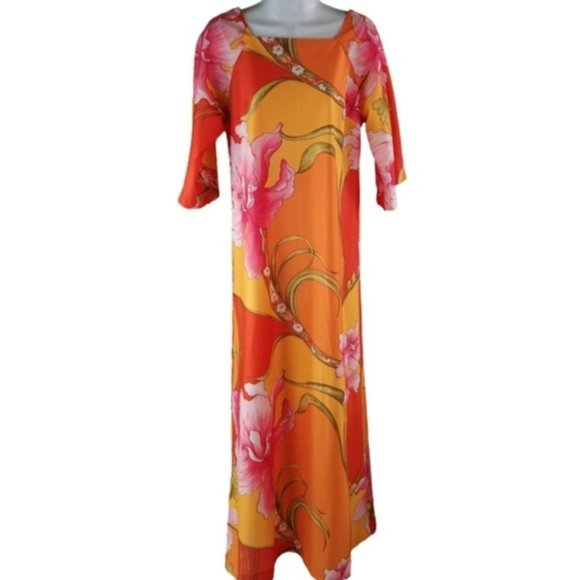 Hawaiian Togs Womens Maxi Dress 12 Vibrant Vtg 60s Orange Square Neck Elbow Slv - Picture 1 of 7